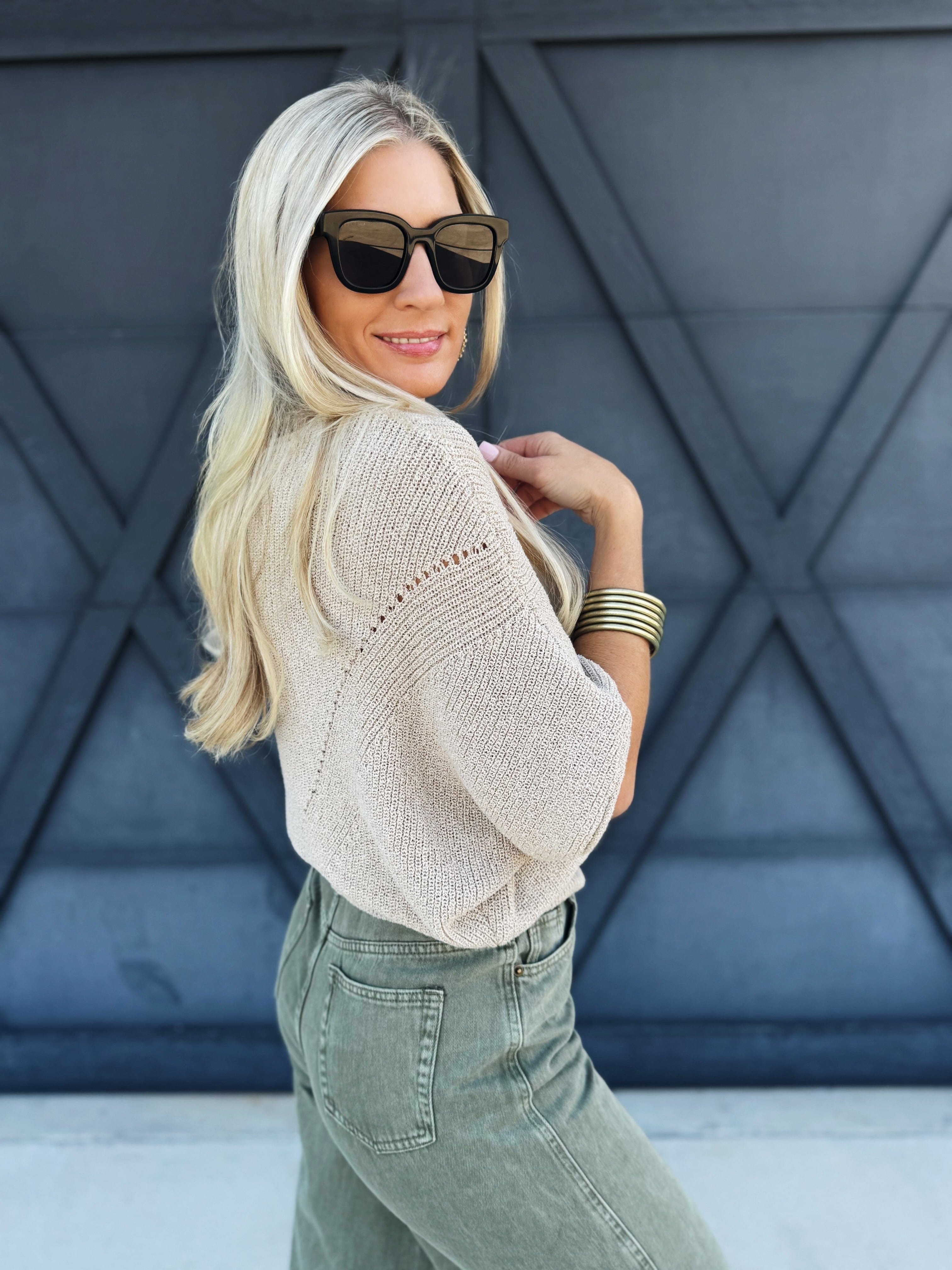 Short Sleeve Pointelle Ribbed Knit Sweater In Oatmeal - Infinity Raine
