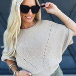 Short Sleeve Pointelle Ribbed Knit Sweater In Oatmeal - Infinity Raine