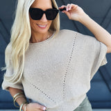 Short Sleeve Pointelle Ribbed Knit Sweater In Oatmeal - Infinity Raine