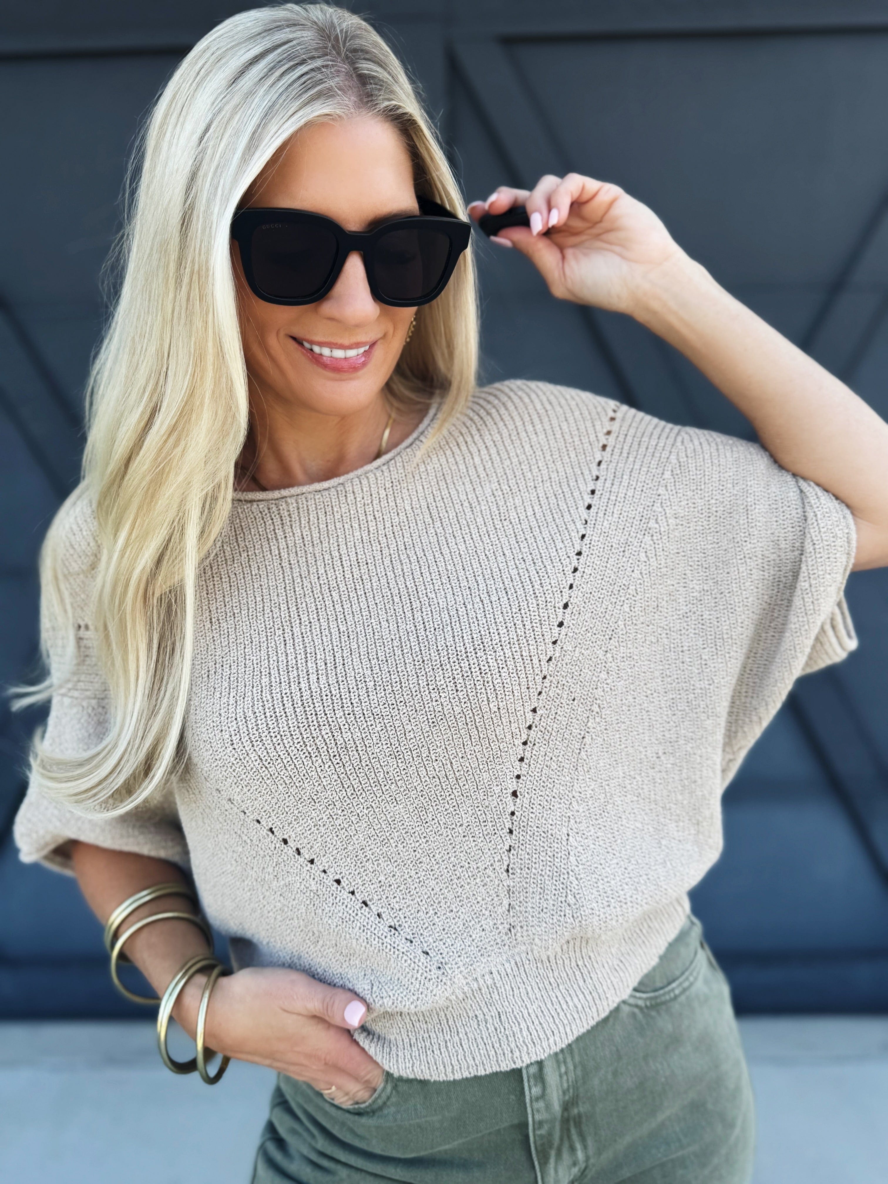 Short Sleeve Pointelle Ribbed Knit Sweater In Oatmeal - Infinity Raine