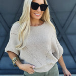 Short Sleeve Pointelle Ribbed Knit Sweater In Oatmeal - Infinity Raine
