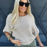 Short Sleeve Pointelle Ribbed Knit Sweater In Oatmeal - Infinity Raine