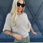Short Sleeve Pointelle Ribbed Knit Sweater In Oatmeal - Infinity Raine