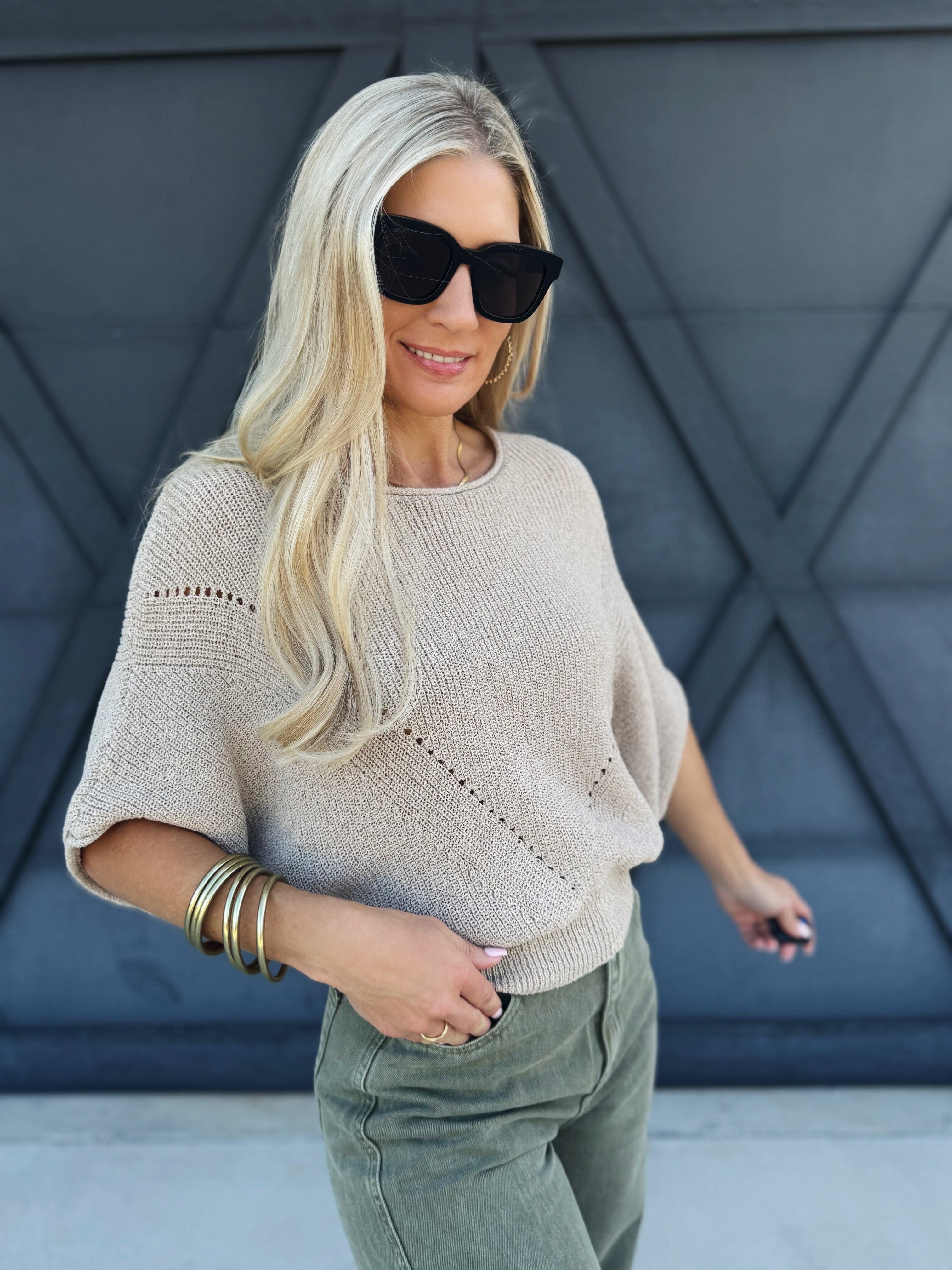Short Sleeve Pointelle Ribbed Knit Sweater In Oatmeal - Infinity Raine