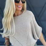 Short Sleeve Pointelle Ribbed Knit Sweater In Oatmeal - Infinity Raine