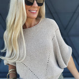 Short Sleeve Pointelle Ribbed Knit Sweater In Oatmeal - Infinity Raine