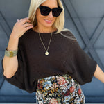 Short Sleeve Pointelle Ribbed Knit Sweater In Warm Charcoal - Infinity Raine