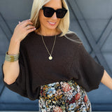 Short Sleeve Pointelle Ribbed Knit Sweater In Warm Charcoal - Infinity Raine