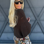 Short Sleeve Pointelle Ribbed Knit Sweater In Warm Charcoal - Infinity Raine
