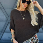 Short Sleeve Pointelle Ribbed Knit Sweater In Warm Charcoal - Infinity Raine