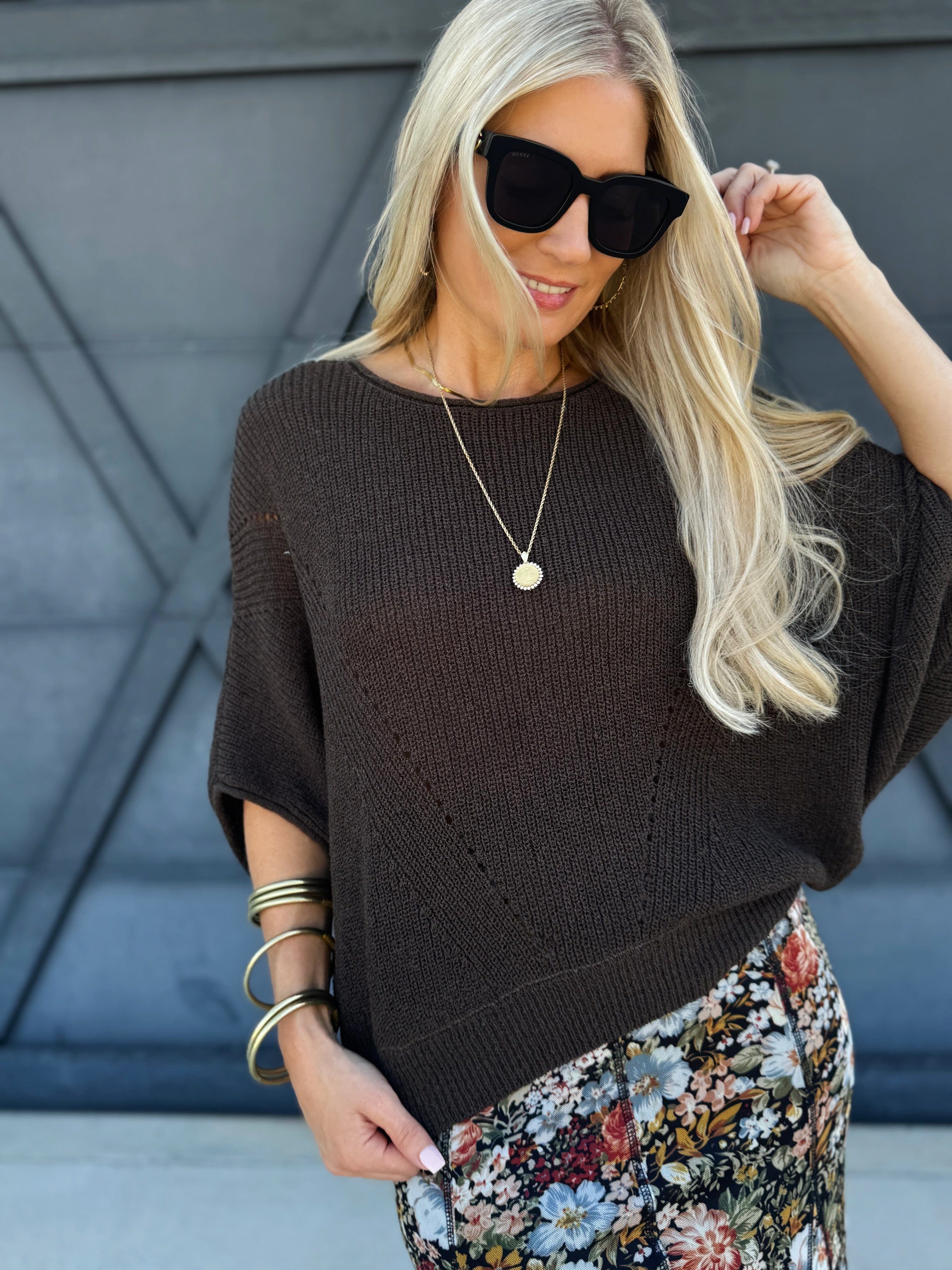 Short Sleeve Pointelle Ribbed Knit Sweater In Warm Charcoal - Infinity Raine