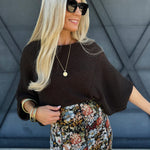 Short Sleeve Pointelle Ribbed Knit Sweater In Warm Charcoal - Infinity Raine