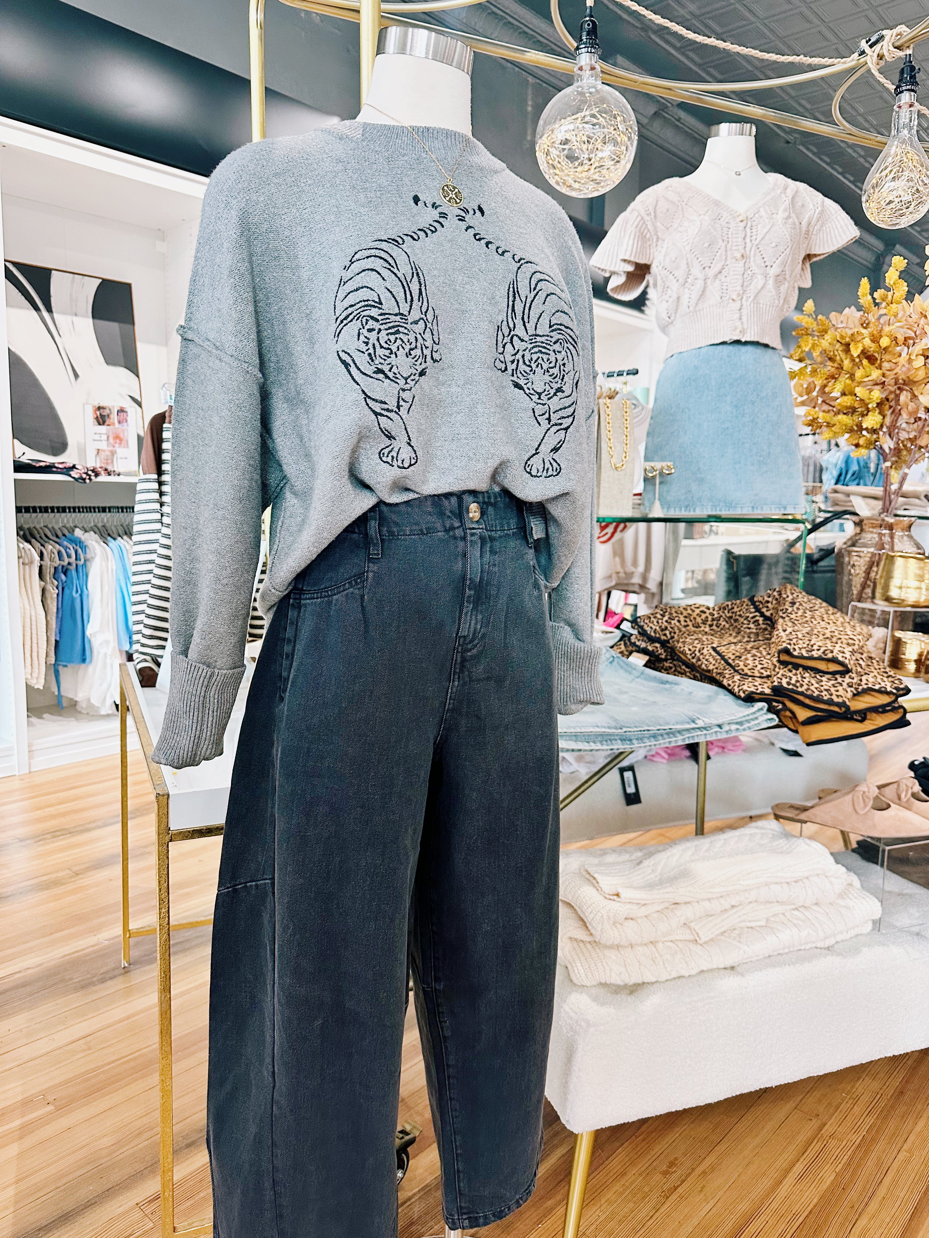 Promesa Tops - Sweaters Embroidered Tiger Exposed Seam Knit Sweater In Grey