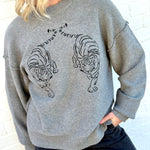 Embroidered Tiger Exposed Seam Knit Sweater In Grey - Infinity Raine
