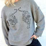 Embroidered Tiger Exposed Seam Knit Sweater In Grey - Infinity Raine