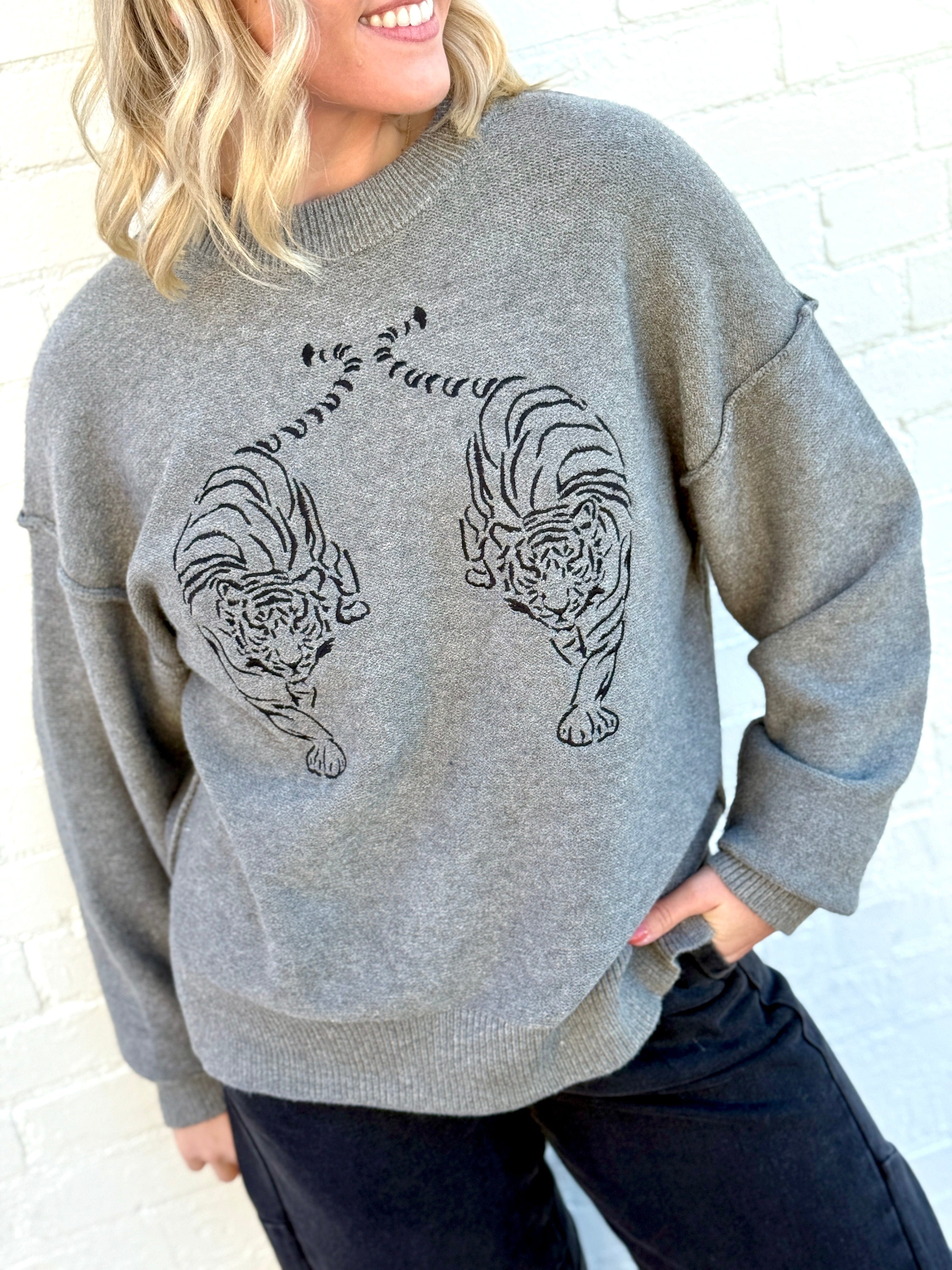 Embroidered Tiger Exposed Seam Knit Sweater In Grey - Infinity Raine