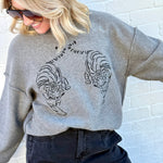 Embroidered Tiger Exposed Seam Knit Sweater In Grey - Infinity Raine