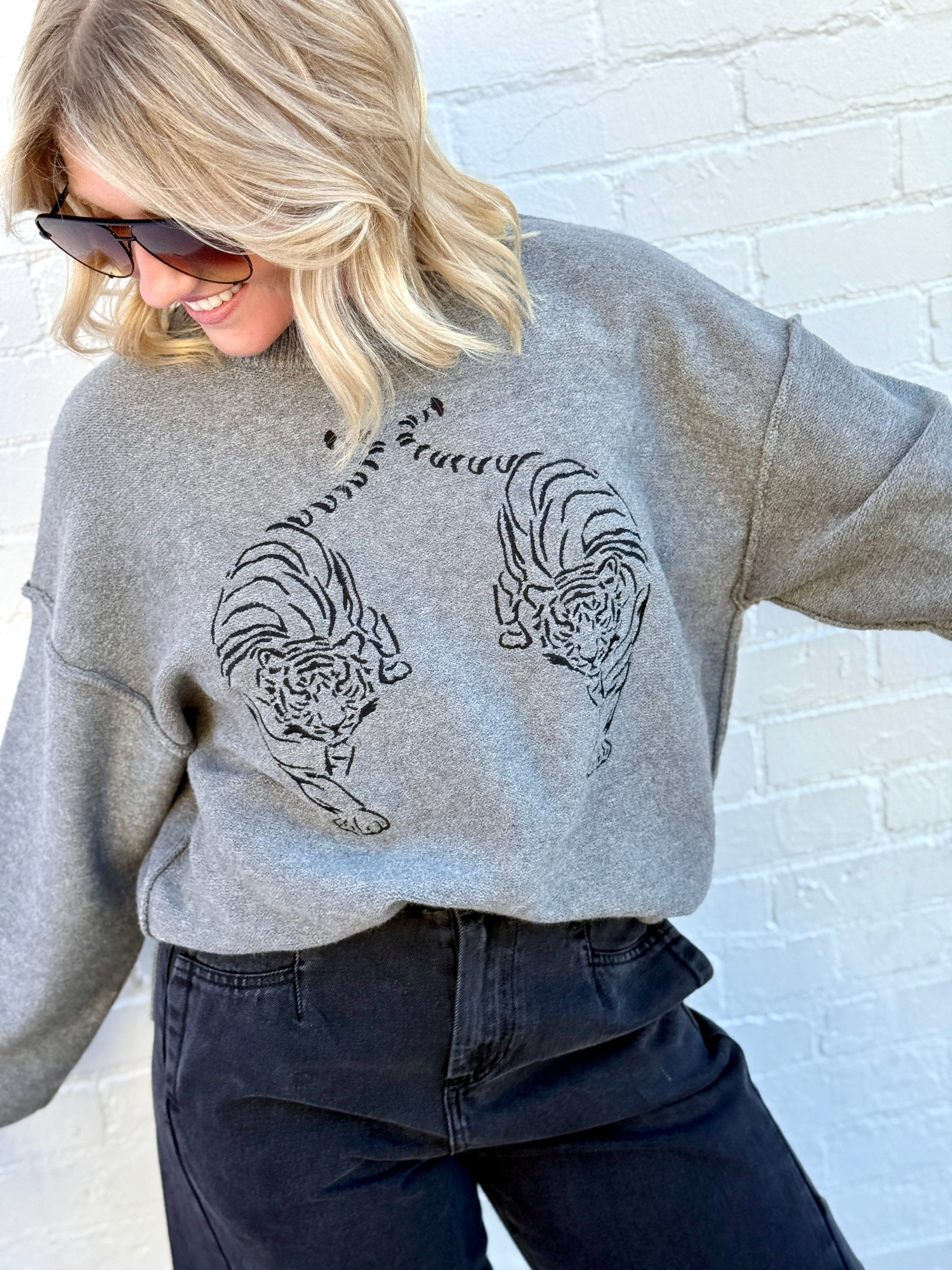 Embroidered Tiger Exposed Seam Knit Sweater In Grey - Infinity Raine