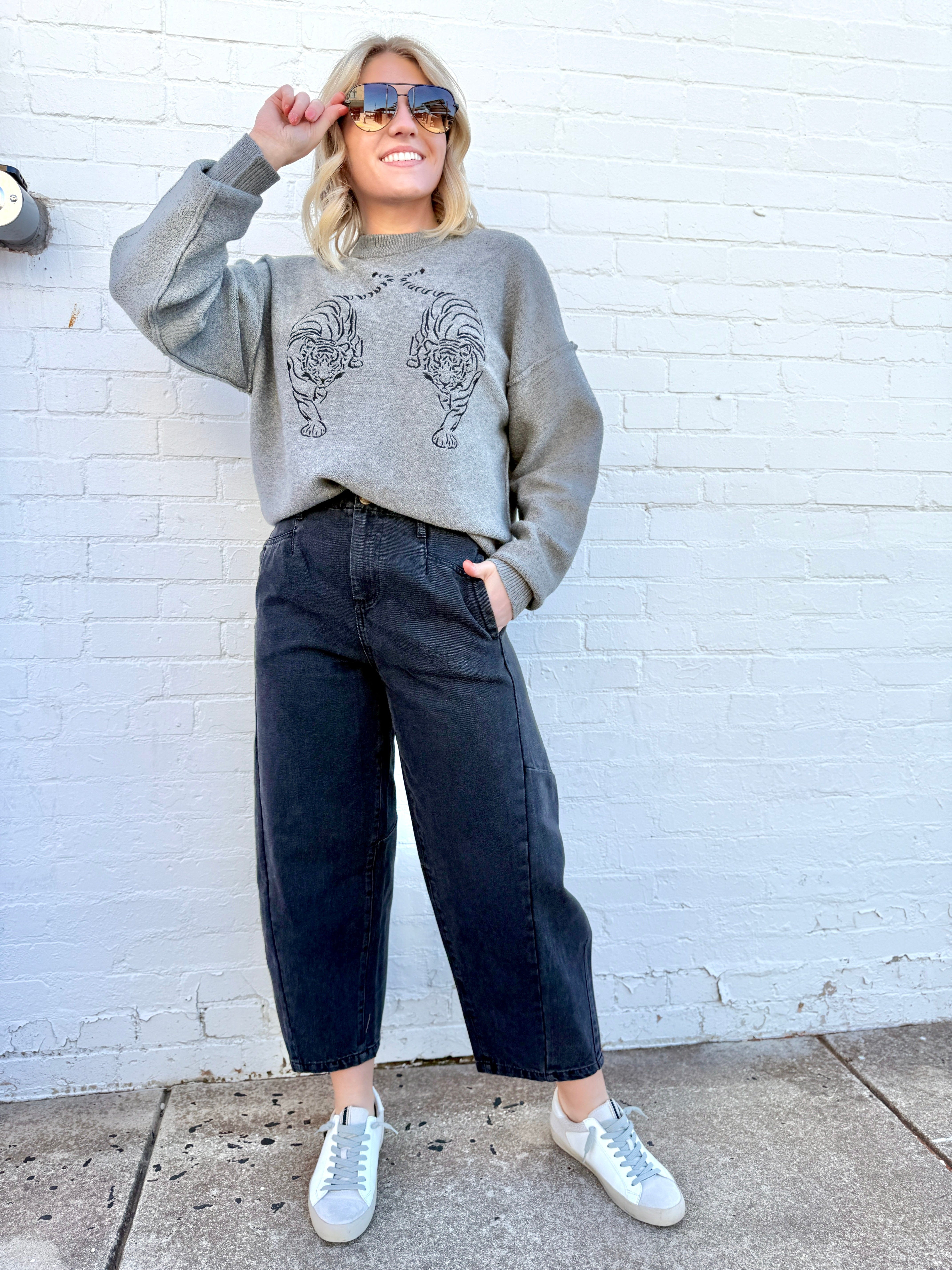 Embroidered Tiger Exposed Seam Knit Sweater In Grey - Infinity Raine