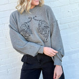 Embroidered Tiger Exposed Seam Knit Sweater In Grey - Infinity Raine