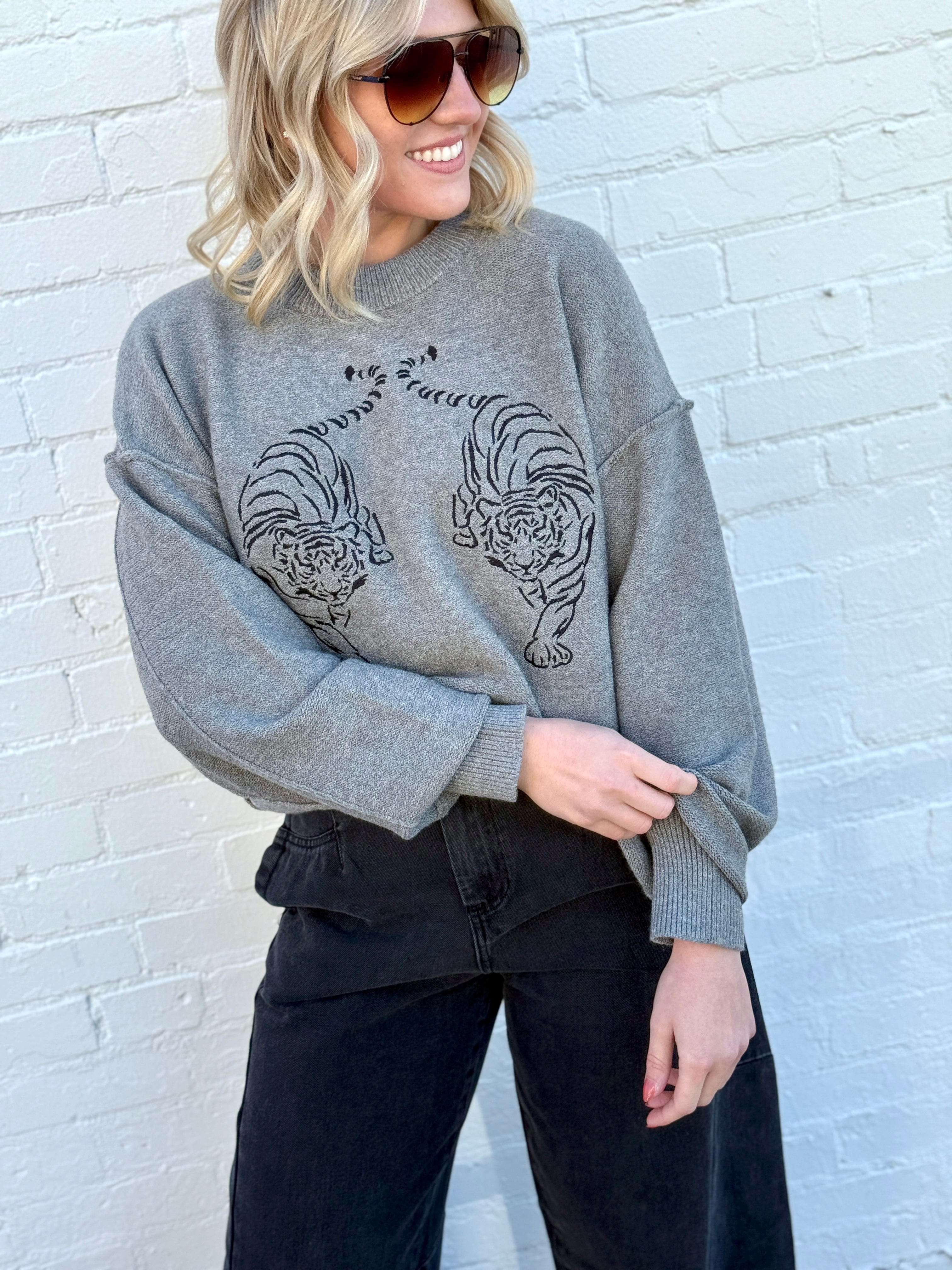 Embroidered Tiger Exposed Seam Knit Sweater In Grey - Infinity Raine