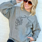 Embroidered Tiger Exposed Seam Knit Sweater In Grey - Infinity Raine