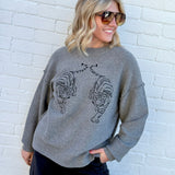 Embroidered Tiger Exposed Seam Knit Sweater In Grey - Infinity Raine