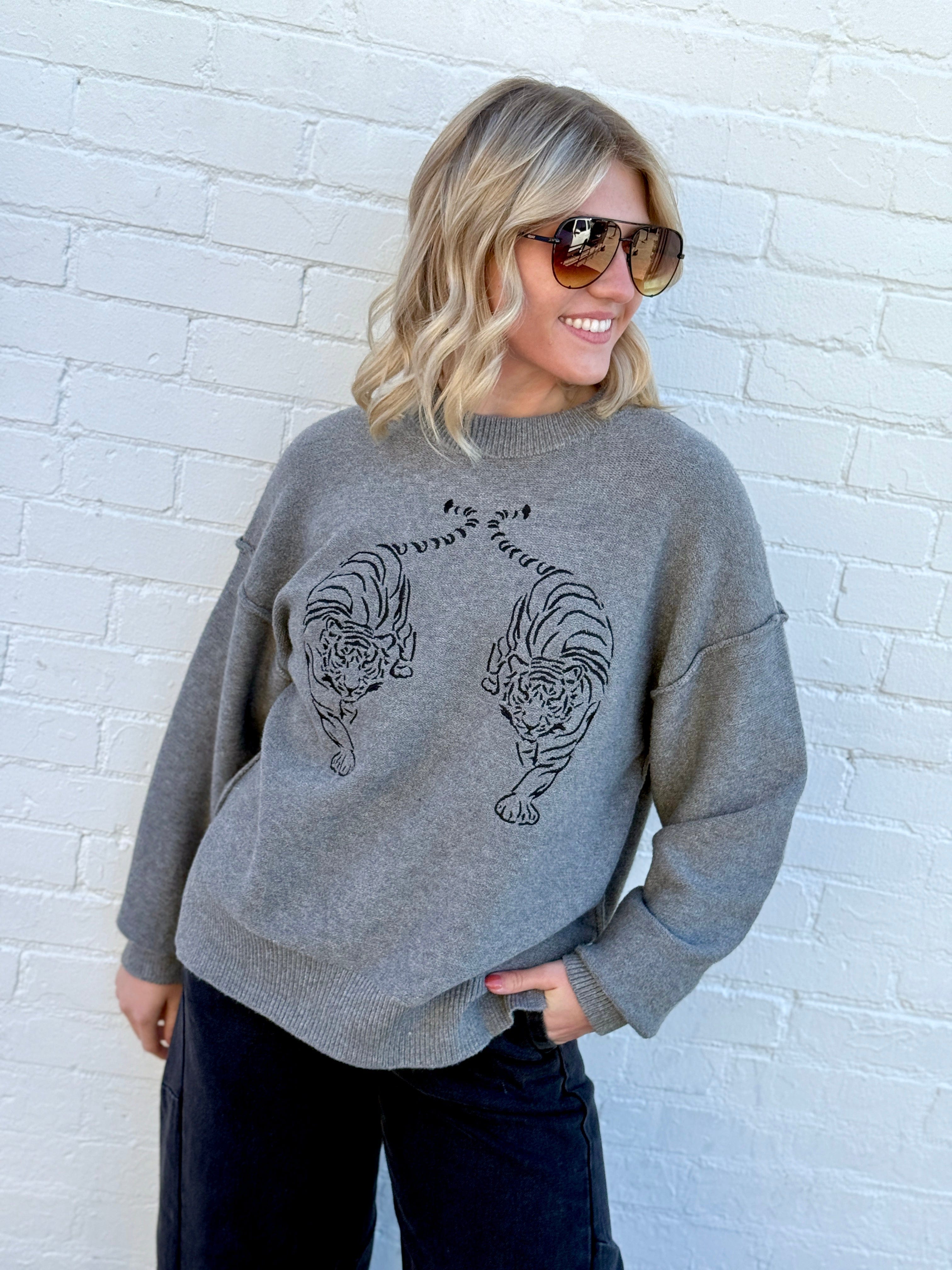 Embroidered Tiger Exposed Seam Knit Sweater In Grey - Infinity Raine