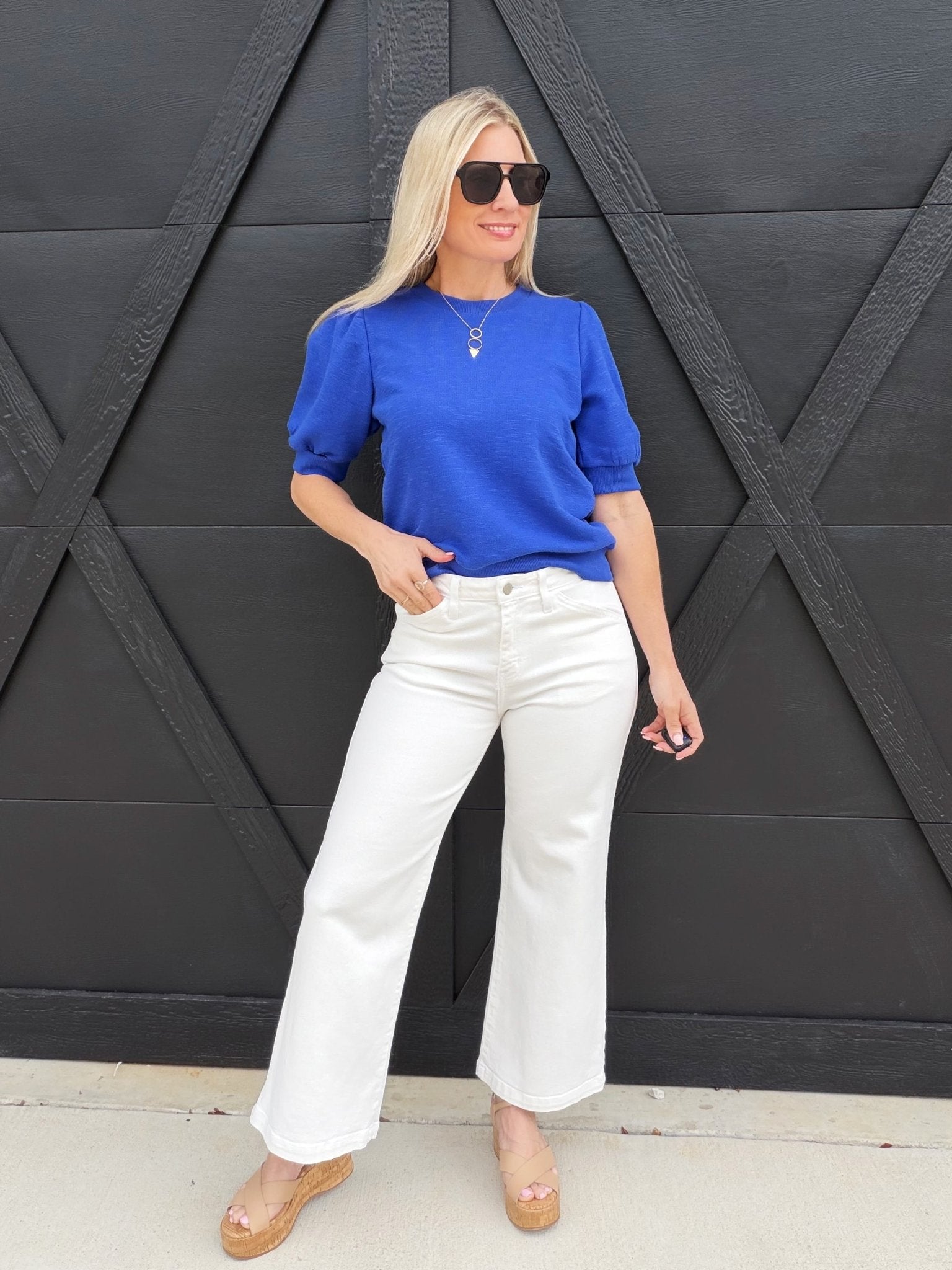 Puff Short Sleeve Crew Neck Top Cobalt - Infinity Raine