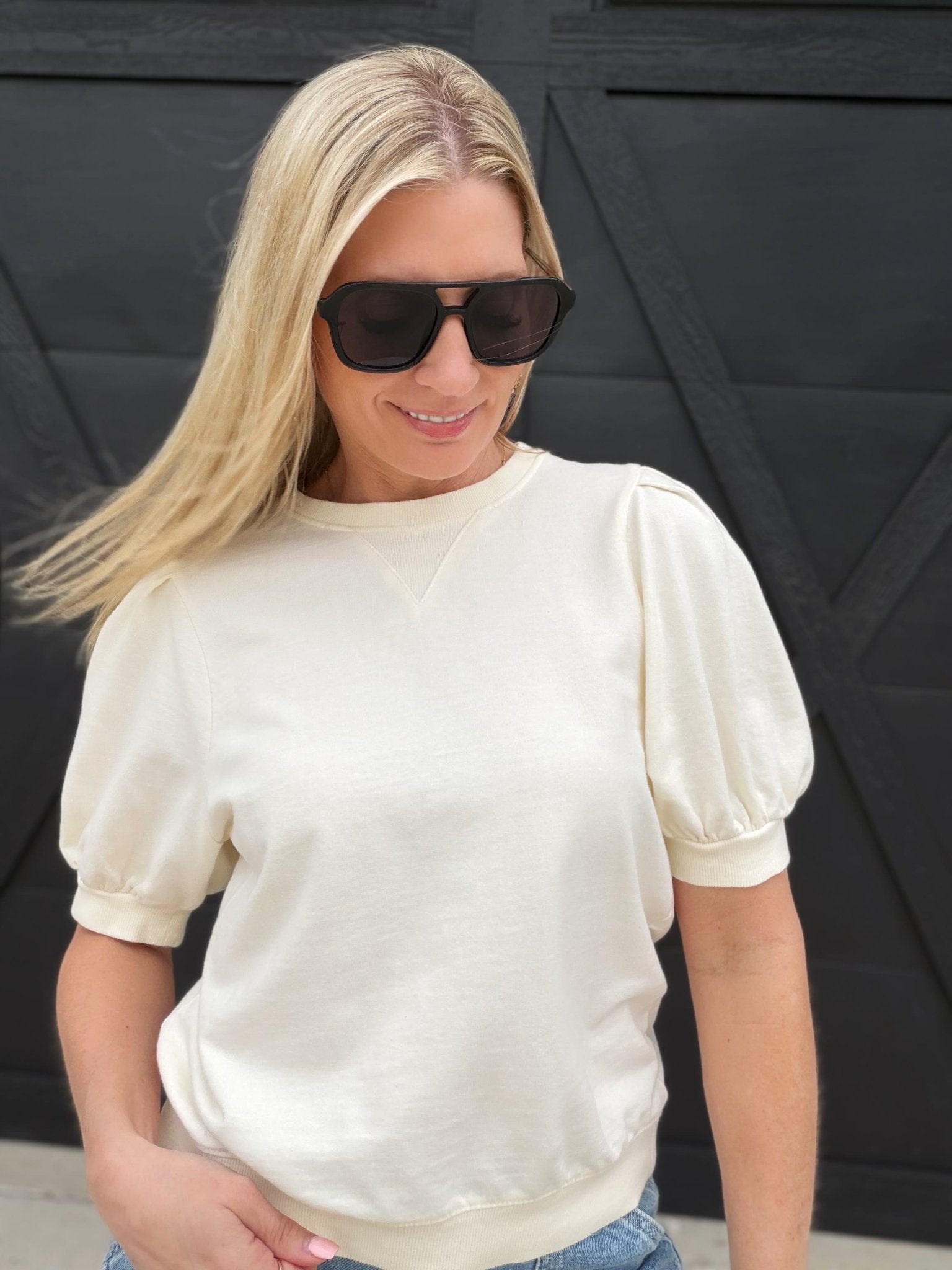 Puff Sleeve V-Stitch Crew Neck Top In Cream - Infinity Raine