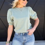 Puff Sleeve V-Stitch Crew Neck Top In Sage - Infinity Raine