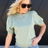 Puff Sleeve V-Stitch Crew Neck Top In Sage - Infinity Raine
