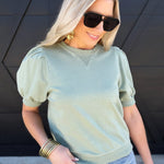 Puff Sleeve V-Stitch Crew Neck Top In Sage - Infinity Raine