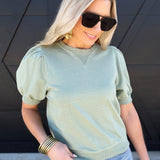 Puff Sleeve V-Stitch Crew Neck Top In Sage - Infinity Raine