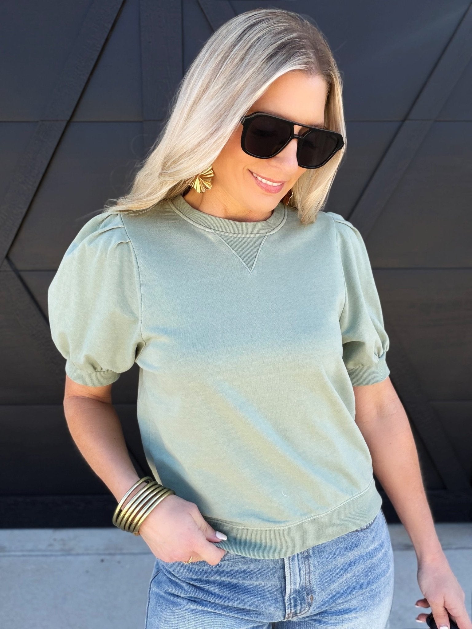 Puff Sleeve V - Stitch Crew Neck Top In Sage - Infinity Raine