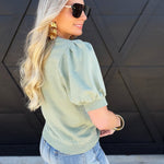 Puff Sleeve V-Stitch Crew Neck Top In Sage - Infinity Raine