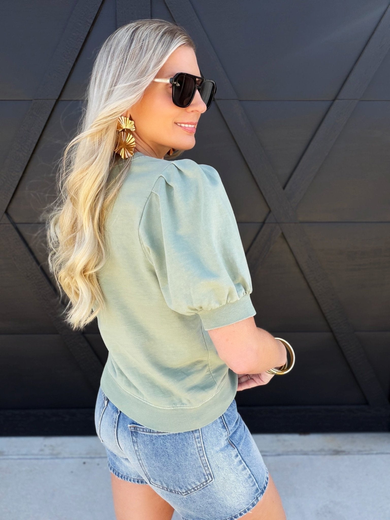 Puff Sleeve V-Stitch Crew Neck Top In Sage - Infinity Raine