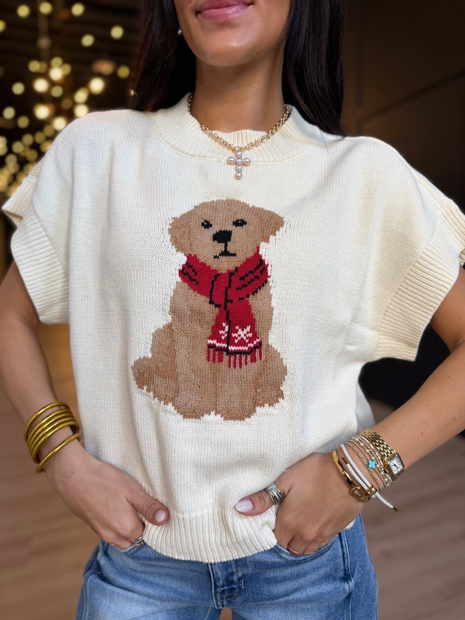 Puppy Jacquard Short Sleeve Knit Sweater in Cream - Infinity Raine