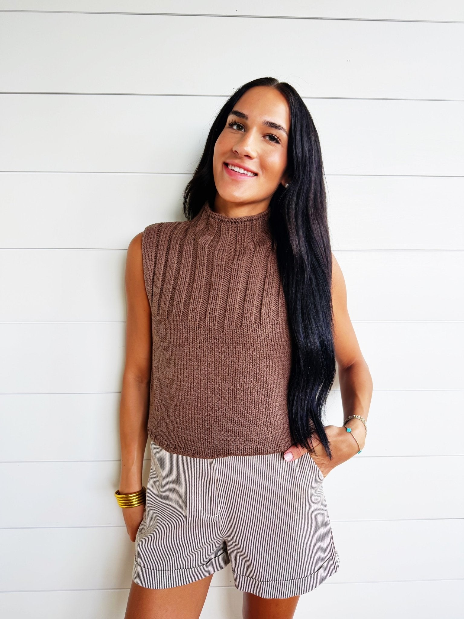 Quiet Cabin Days Ribbed Mock Neck Sweater Top In Brown - Infinity Raine