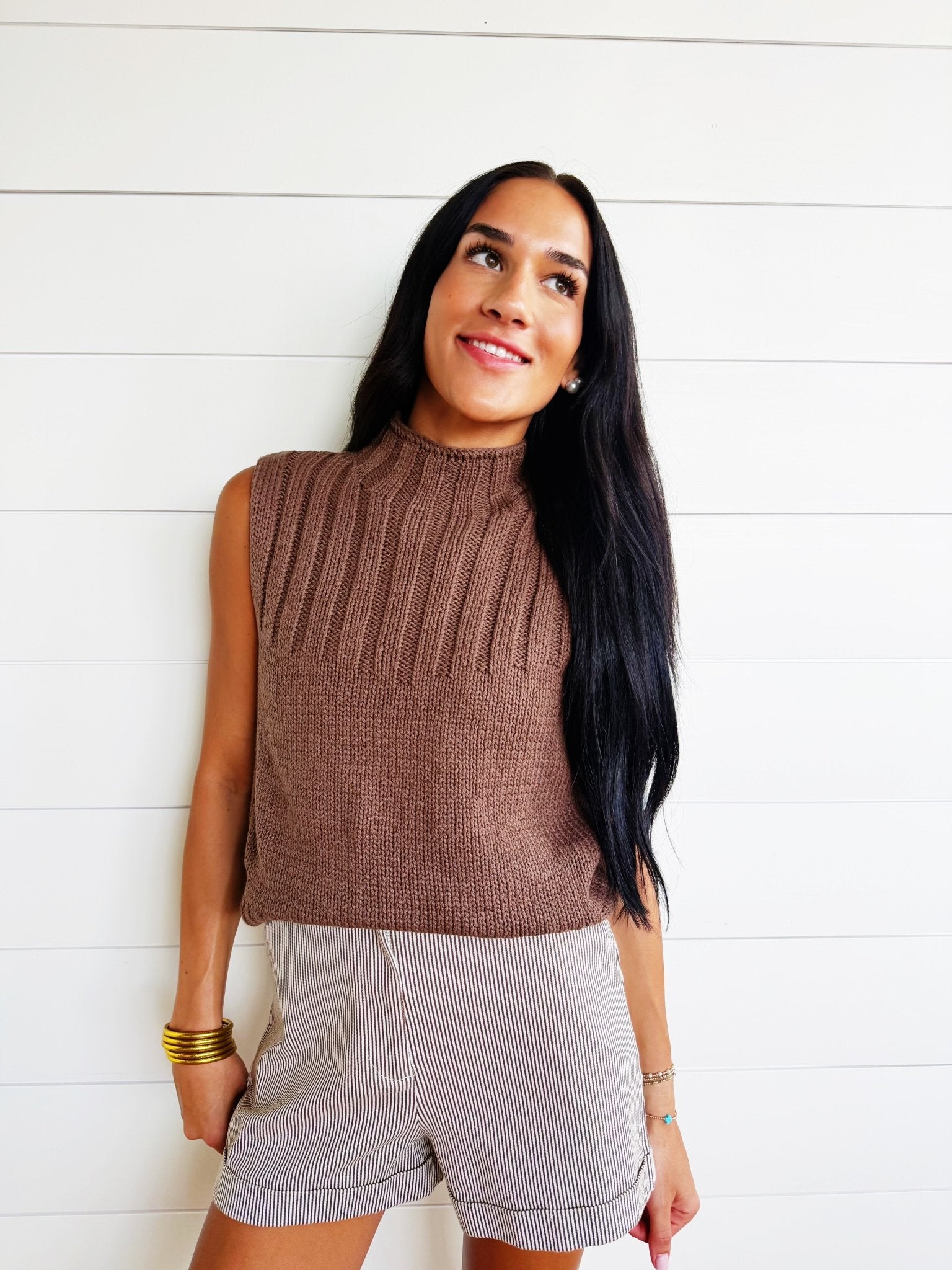 Quiet Cabin Days Ribbed Mock Neck Sweater Top In Brown - Infinity Raine