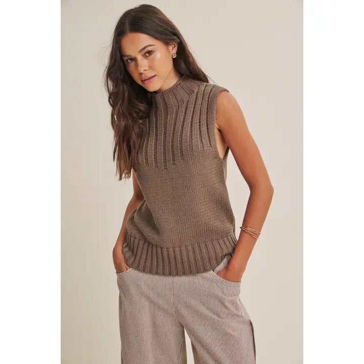 Quiet Cabin Days Ribbed Mock Neck Sweater Top In Brown - Infinity Raine