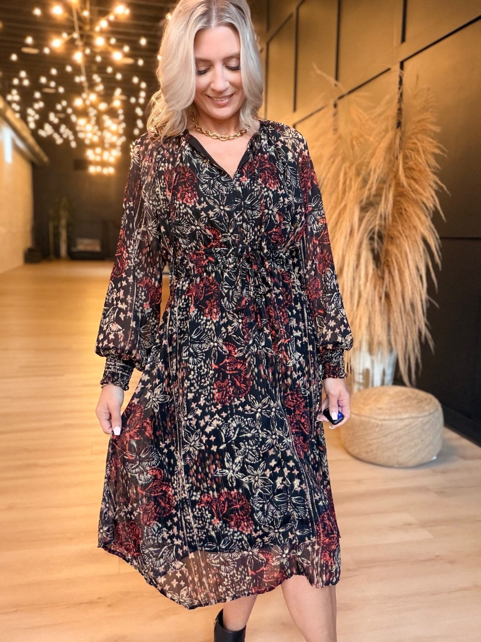 Radiant Nights Midi Dress In Black Multi - Infinity Raine