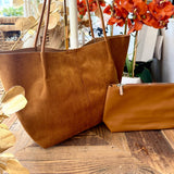 Rectangle Suede Leather Tote Bag In Light Brown - Infinity Raine