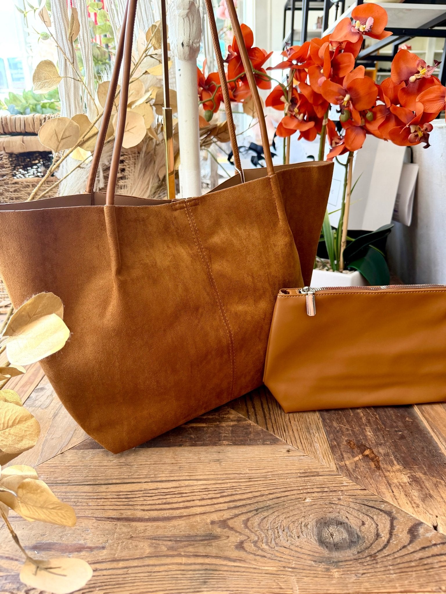 Rectangle Suede Leather Tote Bag In Light Brown - Infinity Raine