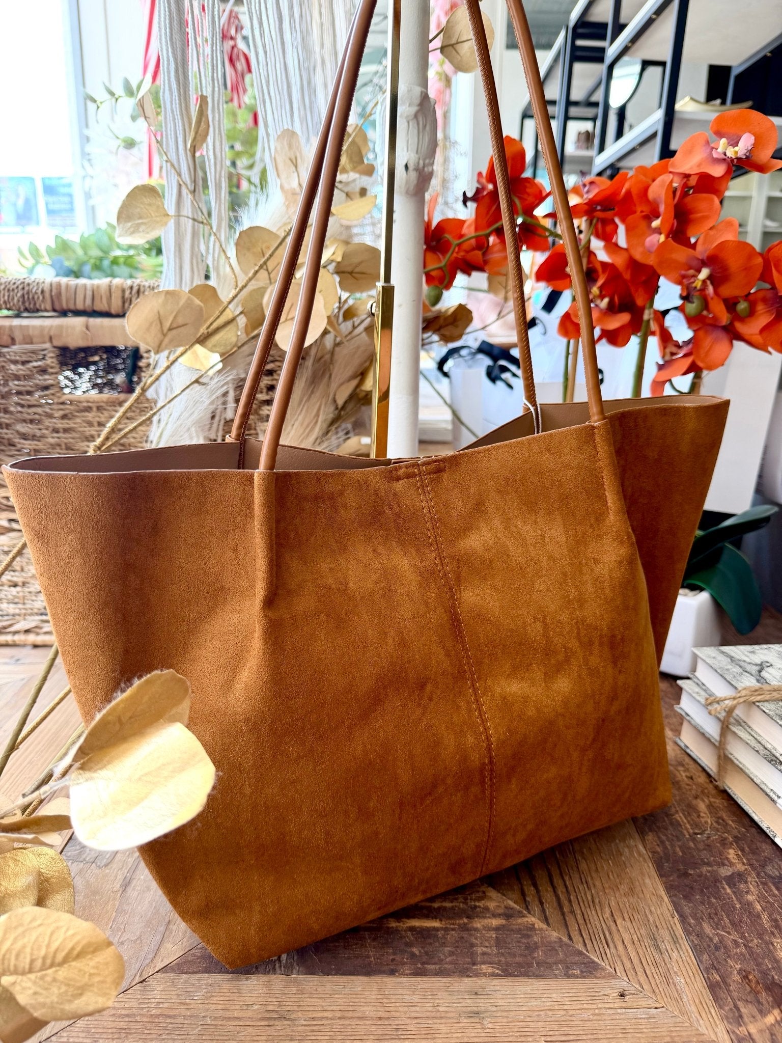 Rectangle Suede Leather Tote Bag In Light Brown - Infinity Raine