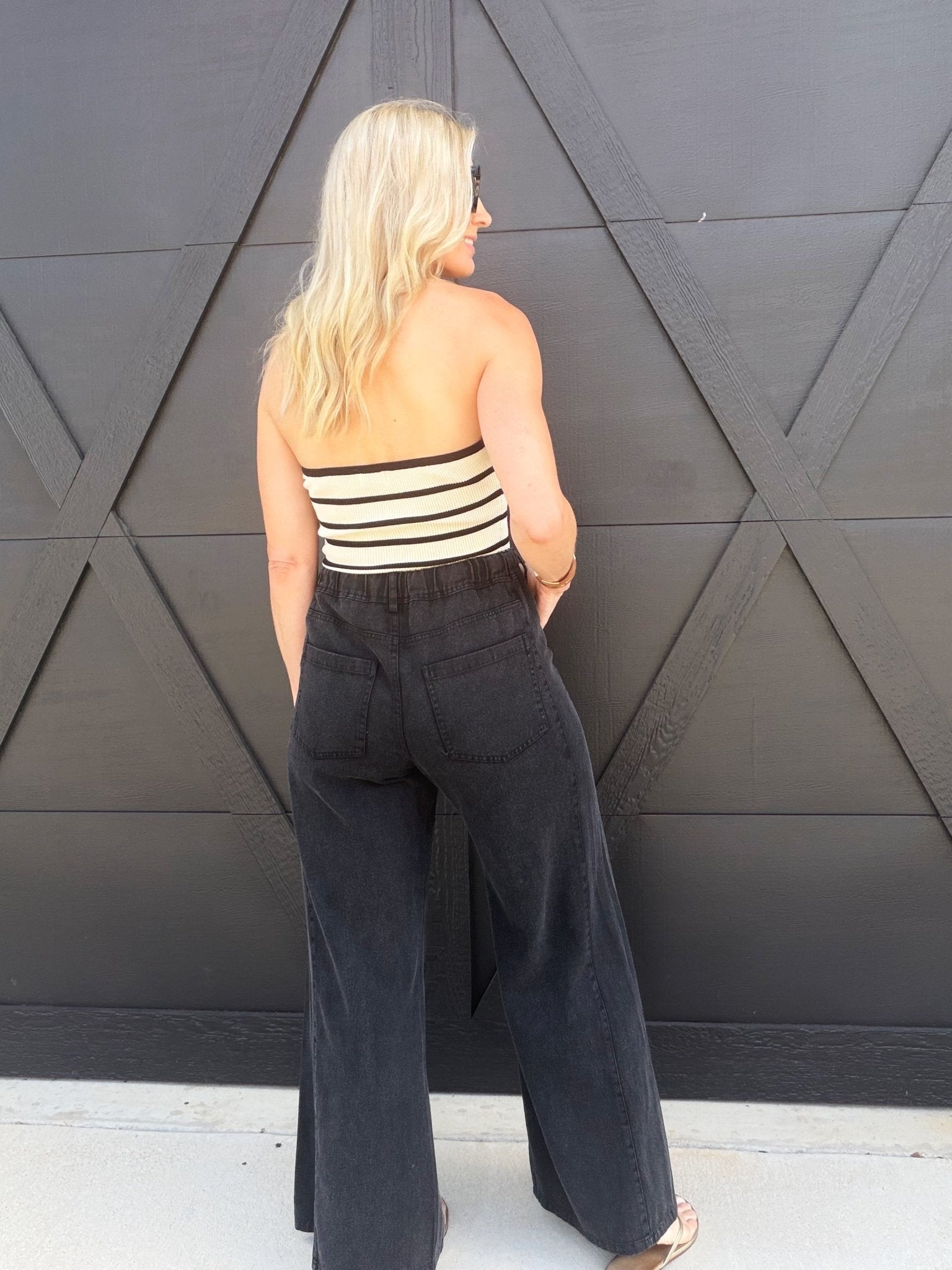 Relaxed Mid-Rise Flare Knit Pants In Washed Black - Infinity Raine