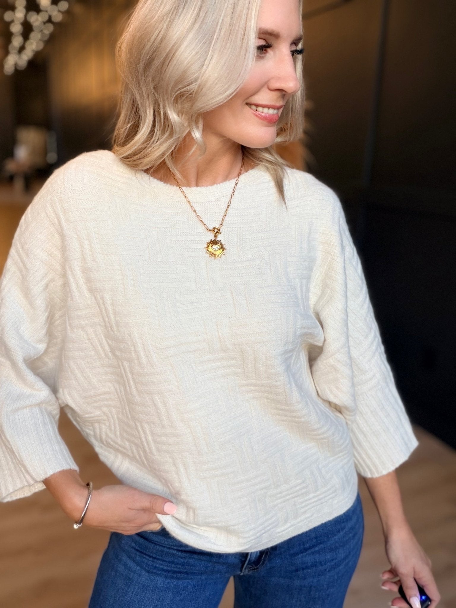 Relaxed Textured Pullover In Cream - Infinity Raine