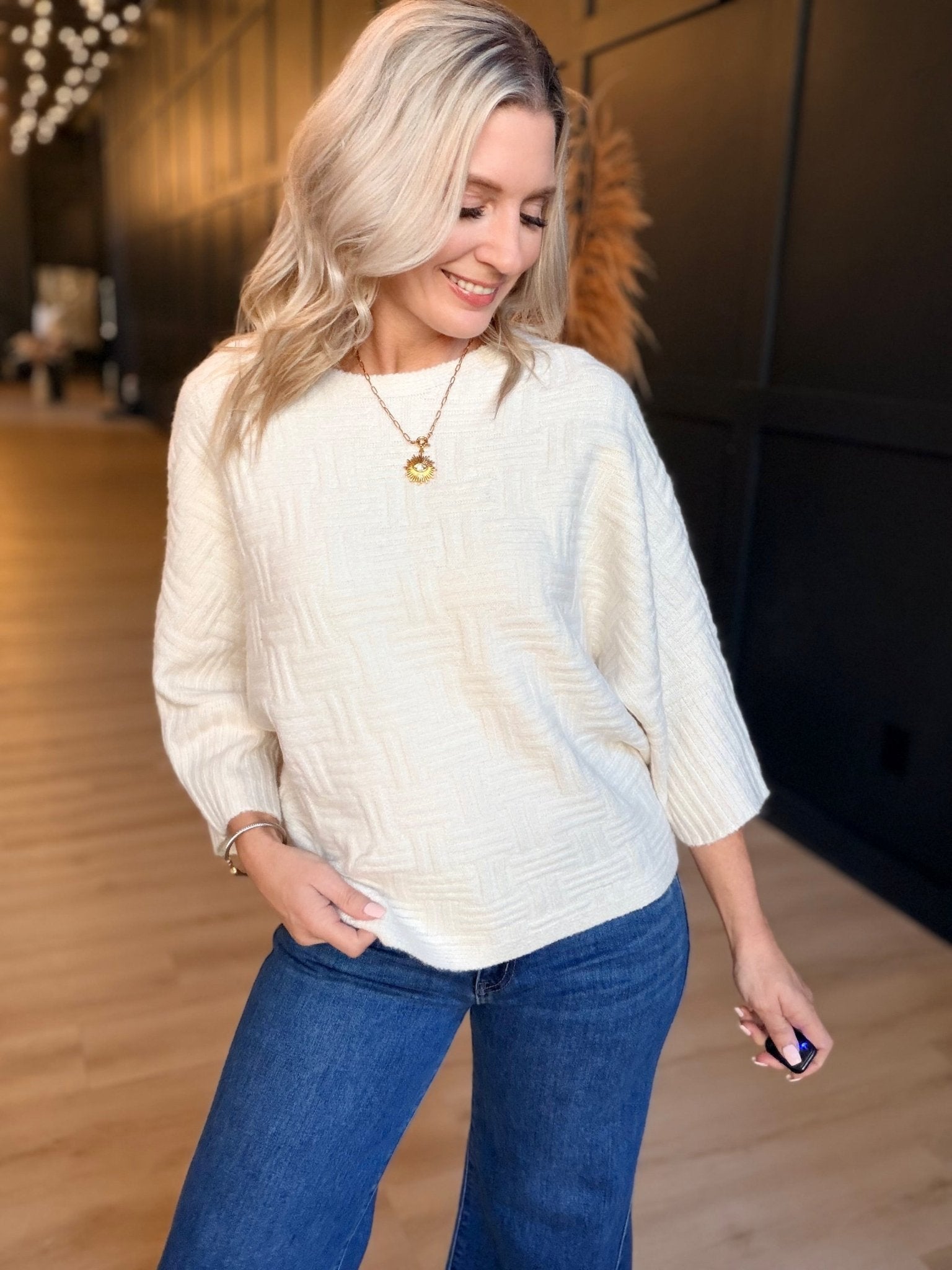 Relaxed Textured Pullover In Cream - Infinity Raine