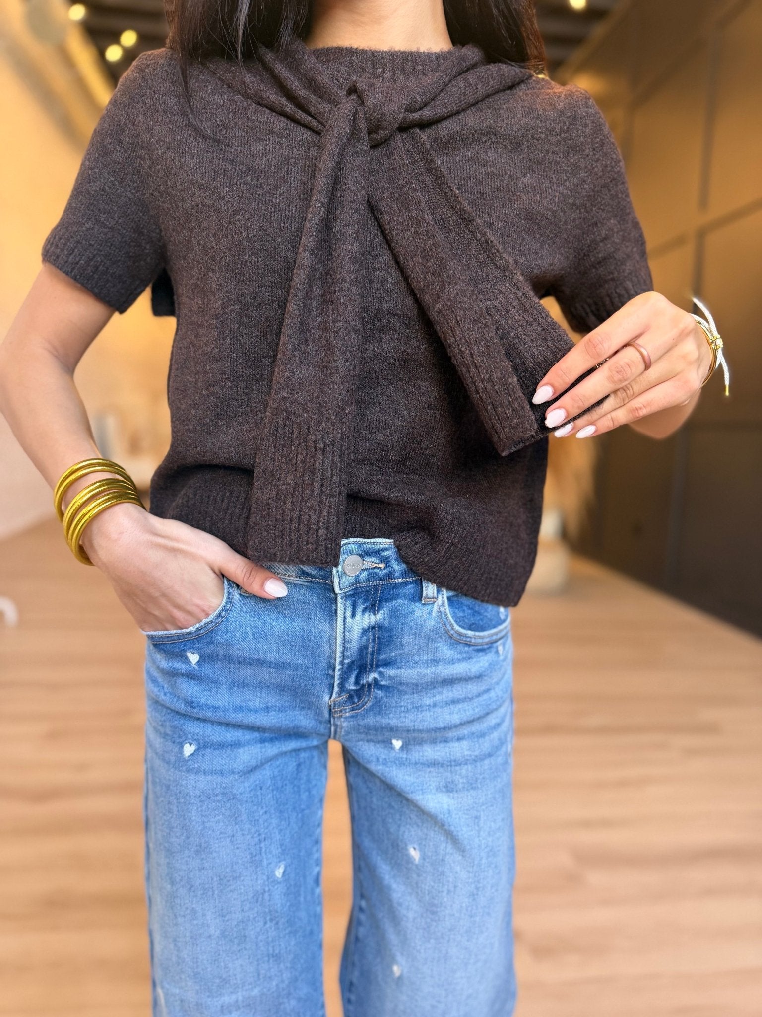 Remi Short-Sleeve Faux- Layered Knit Sweater In Esspresso - Infinity Raine