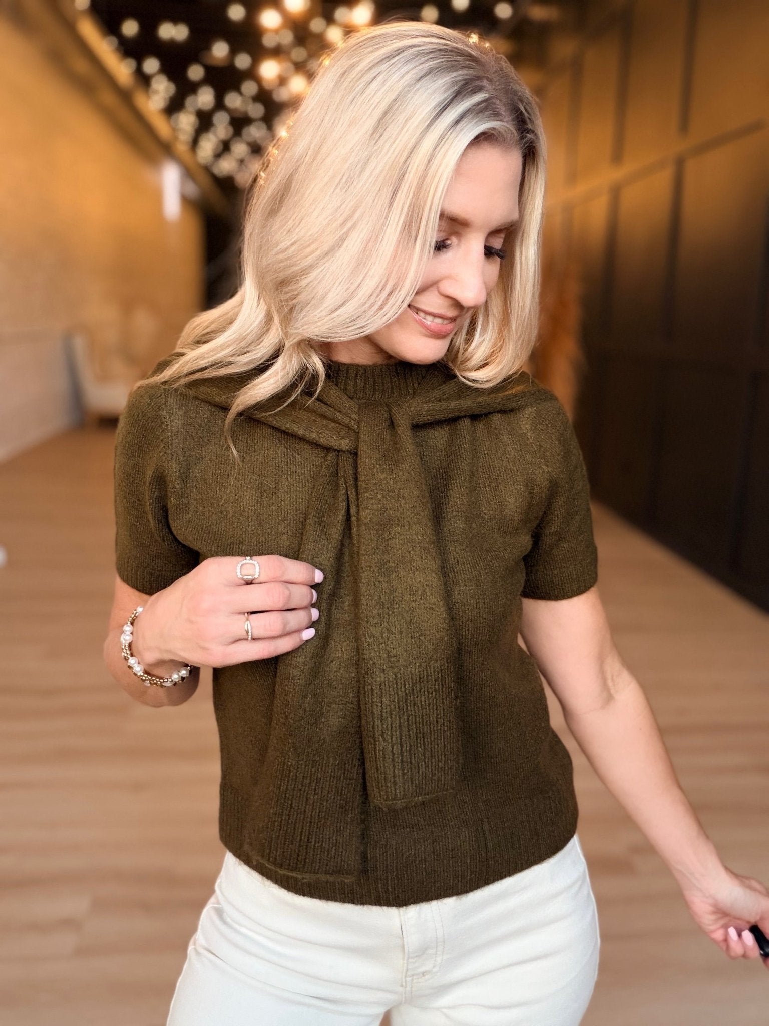 Remi Short-Sleeve Faux-Layered Knit Sweater In Olive - Infinity Raine